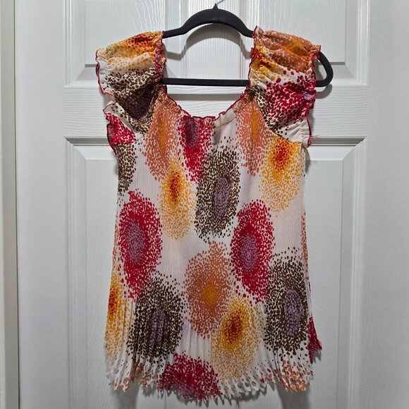 Piano Ladies Top Blouse XL Pleated Cap Sleeves Elastic Colorful Artsy - Picture 2 of 3